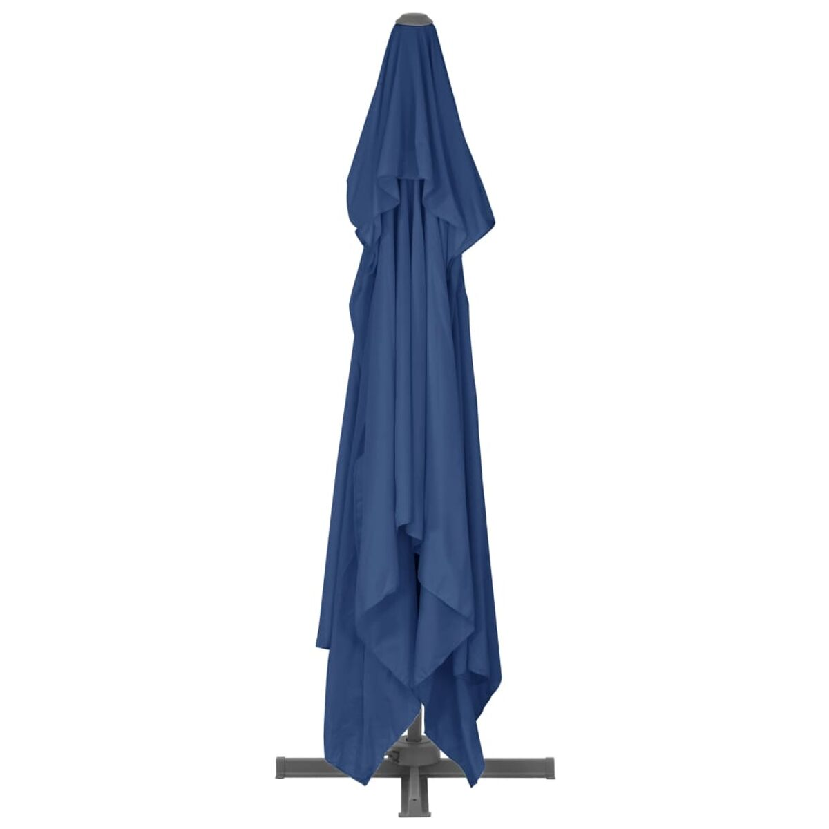 Ein zusammengefalteter blauer Schirm auf silbernem Sockel. Er hat einen quadratischen Sockel und steht auf weißem Grund.