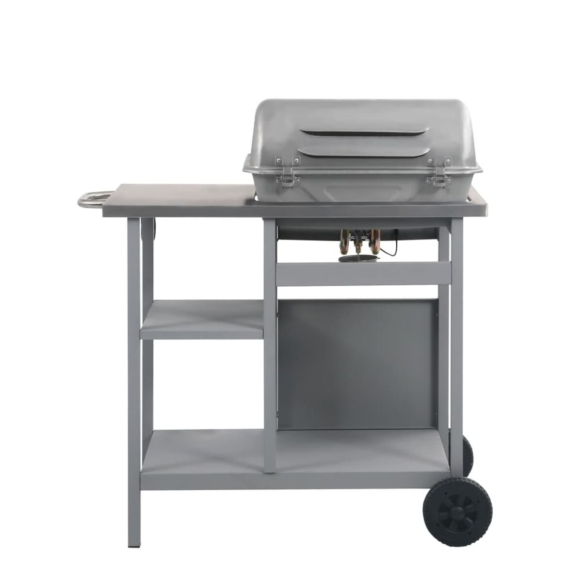 Grauer Außengrill mit Kochfläche, Regalen und Rädern, auf weißem Hintergrund.