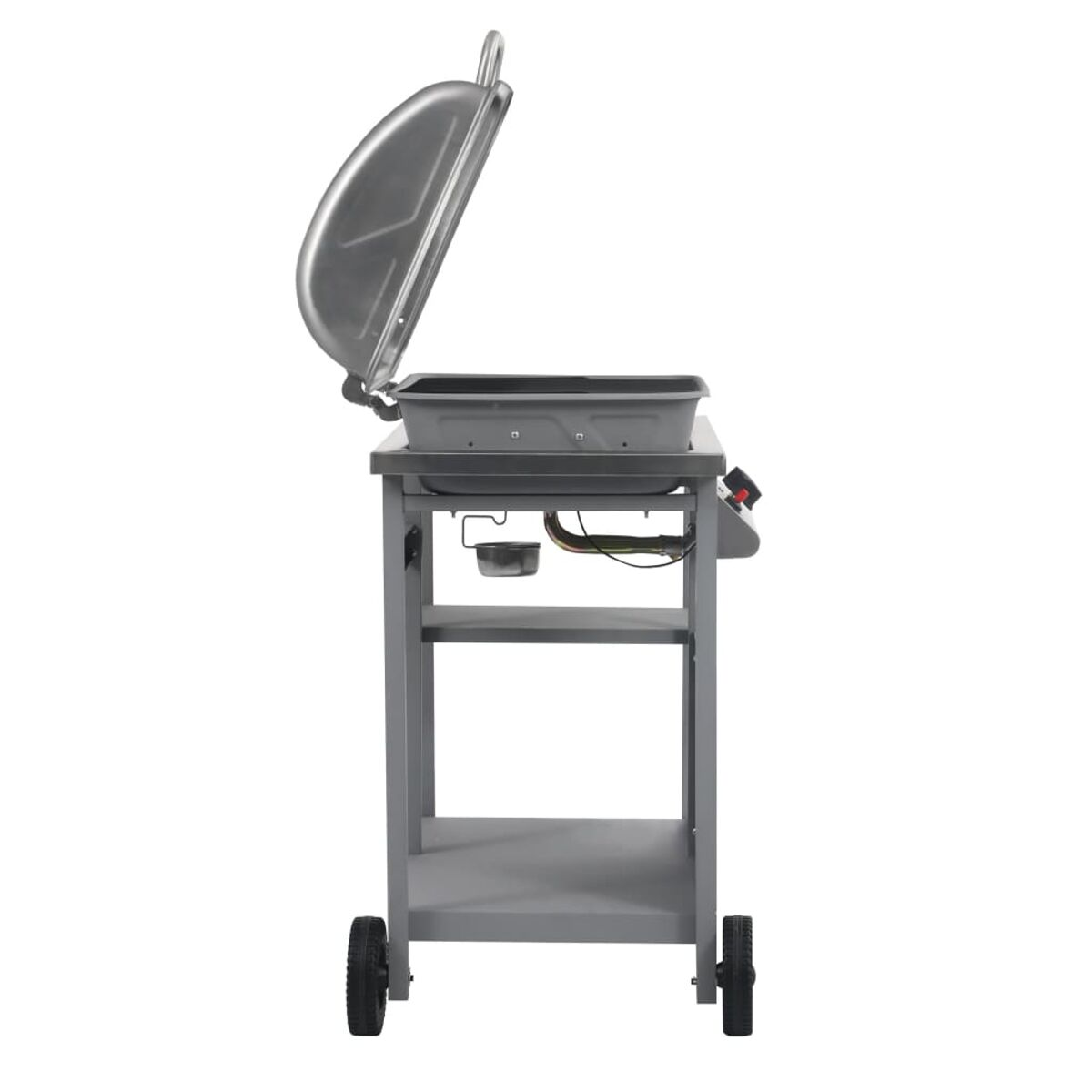 Grauer Gasgrill mit offenem Deckel, Seitenansicht.