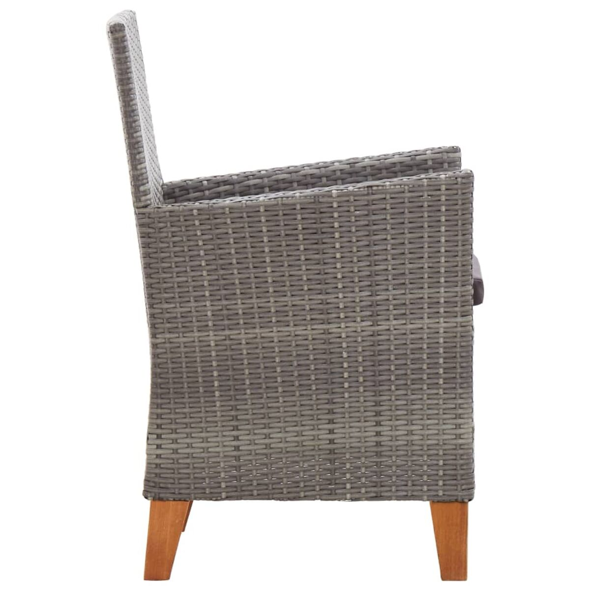 Seitenansicht eines grauen Rattanstuhls mit Holzbeinen.