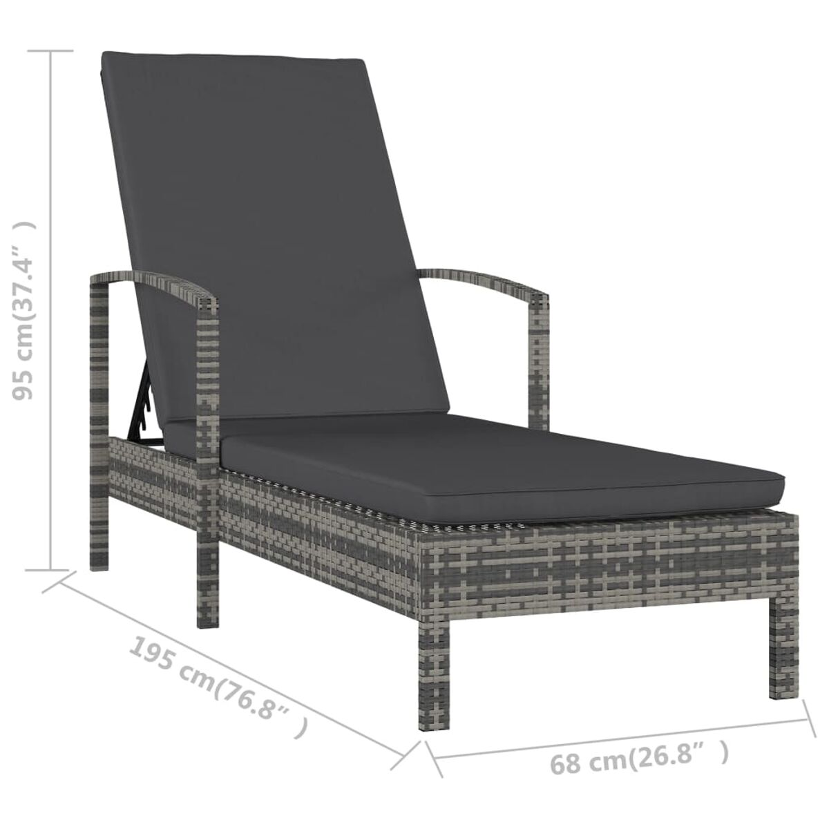 Graue Outdoor-Chaise-Lounge aus Korbgeflecht mit Kissen. Abmessungen sind angegeben.