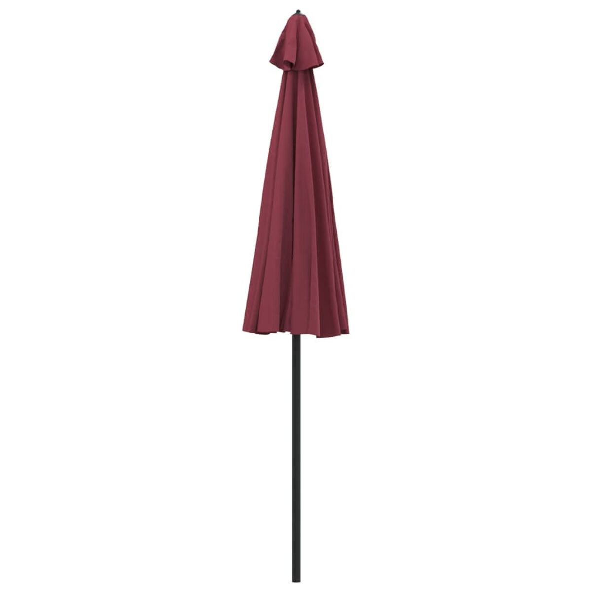 Geschlossener maroonfarbener Schirm mit schwarzem Stab. Auf weißem Hintergrund.