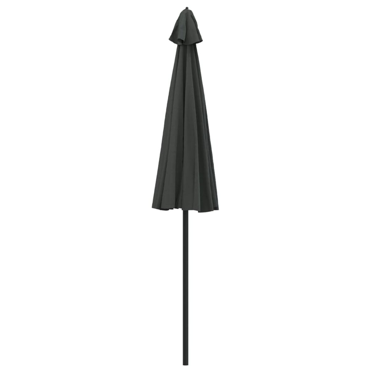 Dunkelgrüner, geschlossener Regenschirm. Der Schirm ist auf einem schwarzen Stab. Isoliert.