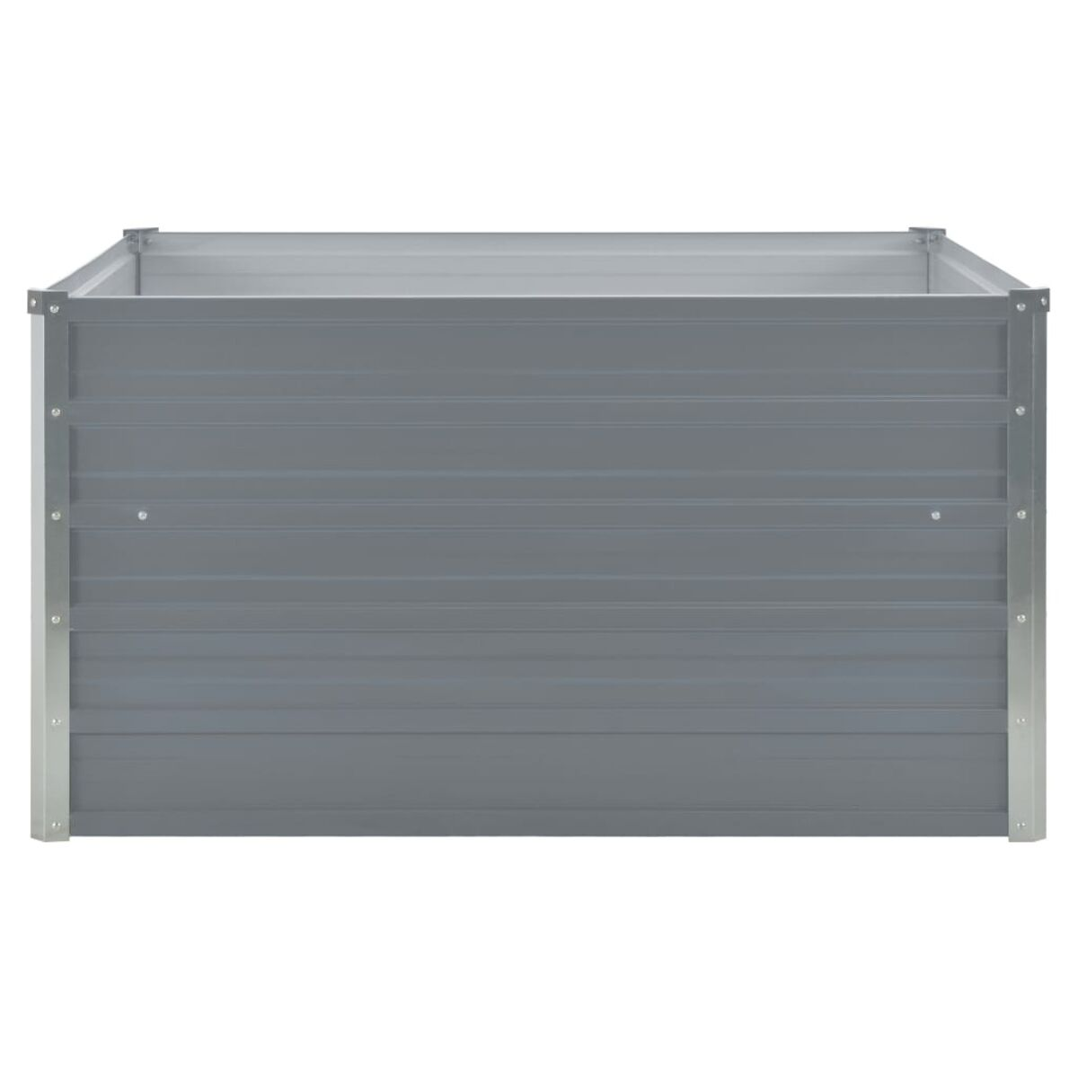 Ein grauer Metall-Pflanzkasten. Die Box hat ein schlichtes Design und wird von oben betrachtet. Sie ist leer.