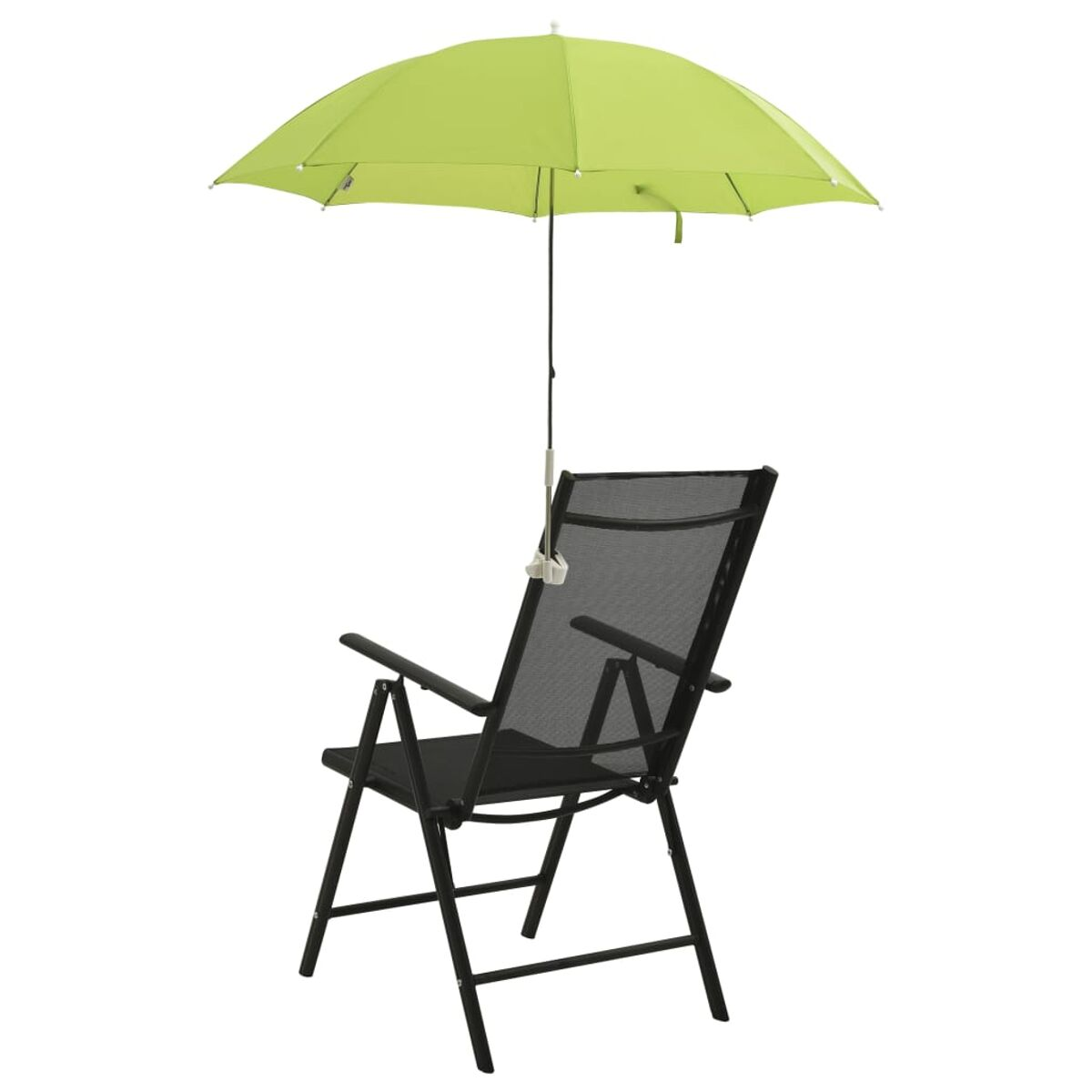 Ein grüner Regenschirm, der an einem schwarzen Stuhl befestigt ist. Der Hintergrund ist weiß.