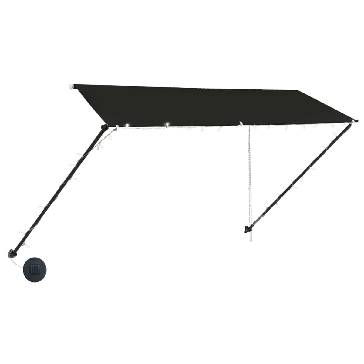 Schwarze Markise mit Lichtern. Von schwarzen Armen und einem Solarpanel getragen. Weißer Hintergrund.