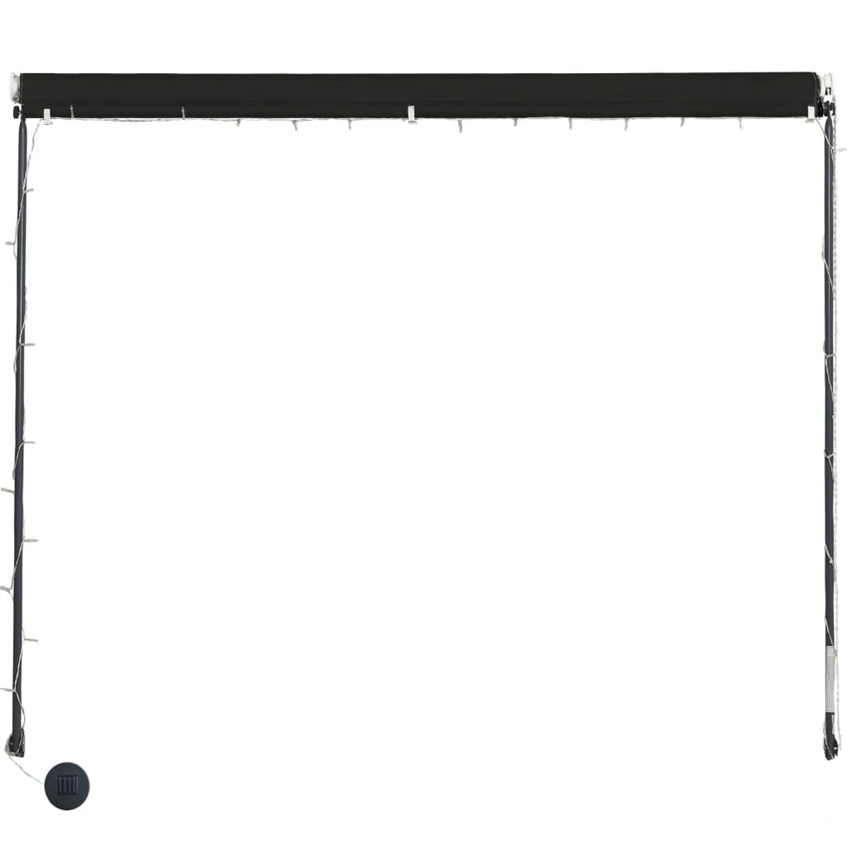 Schwarzer Rahmen mit ausfahrbarer schwarzer Leinwand. Der Rahmen hat Lichter und eine Steuerbox unten.