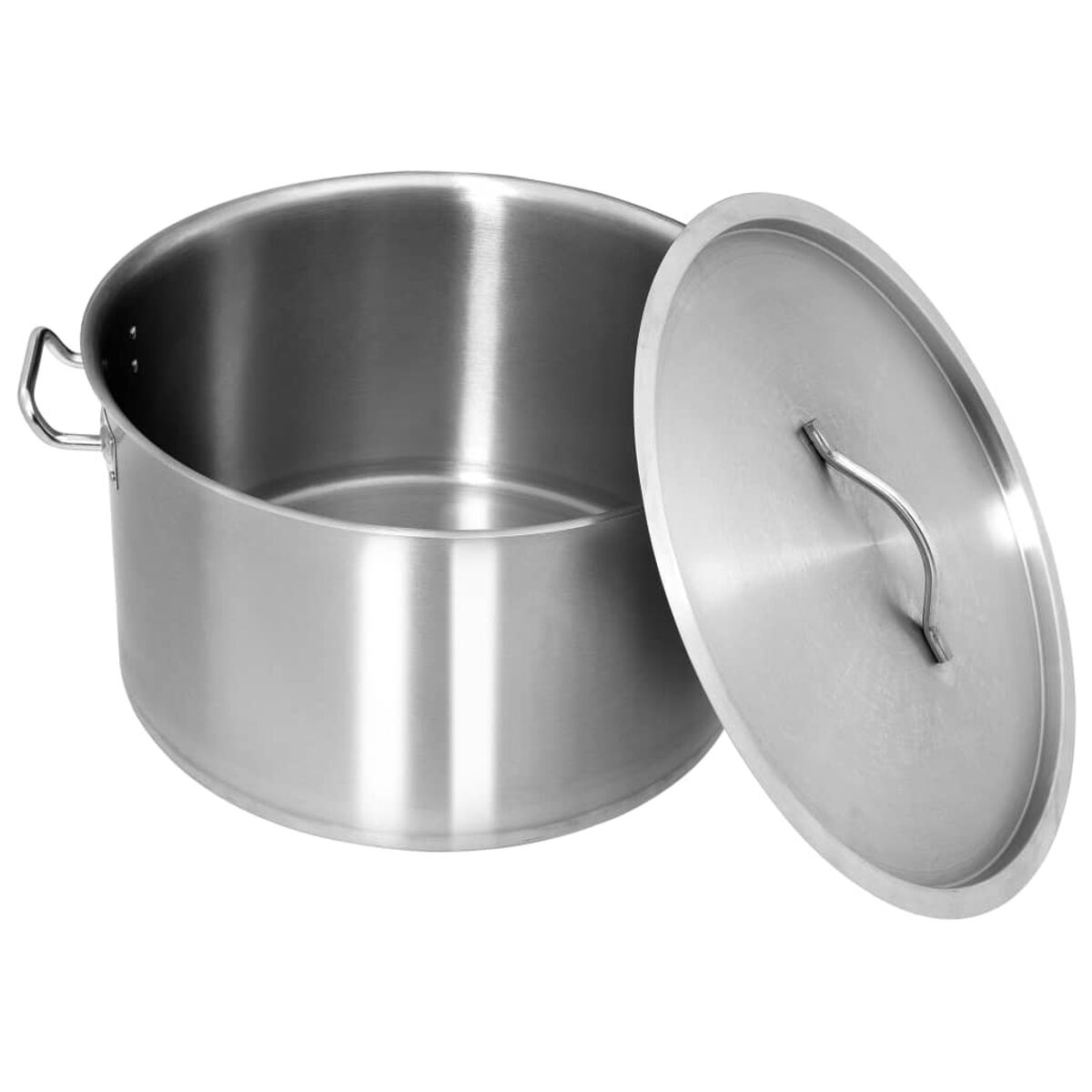 Edelstahltopf mit Deckel. Es hat Griffe und eine silberne Farbe.