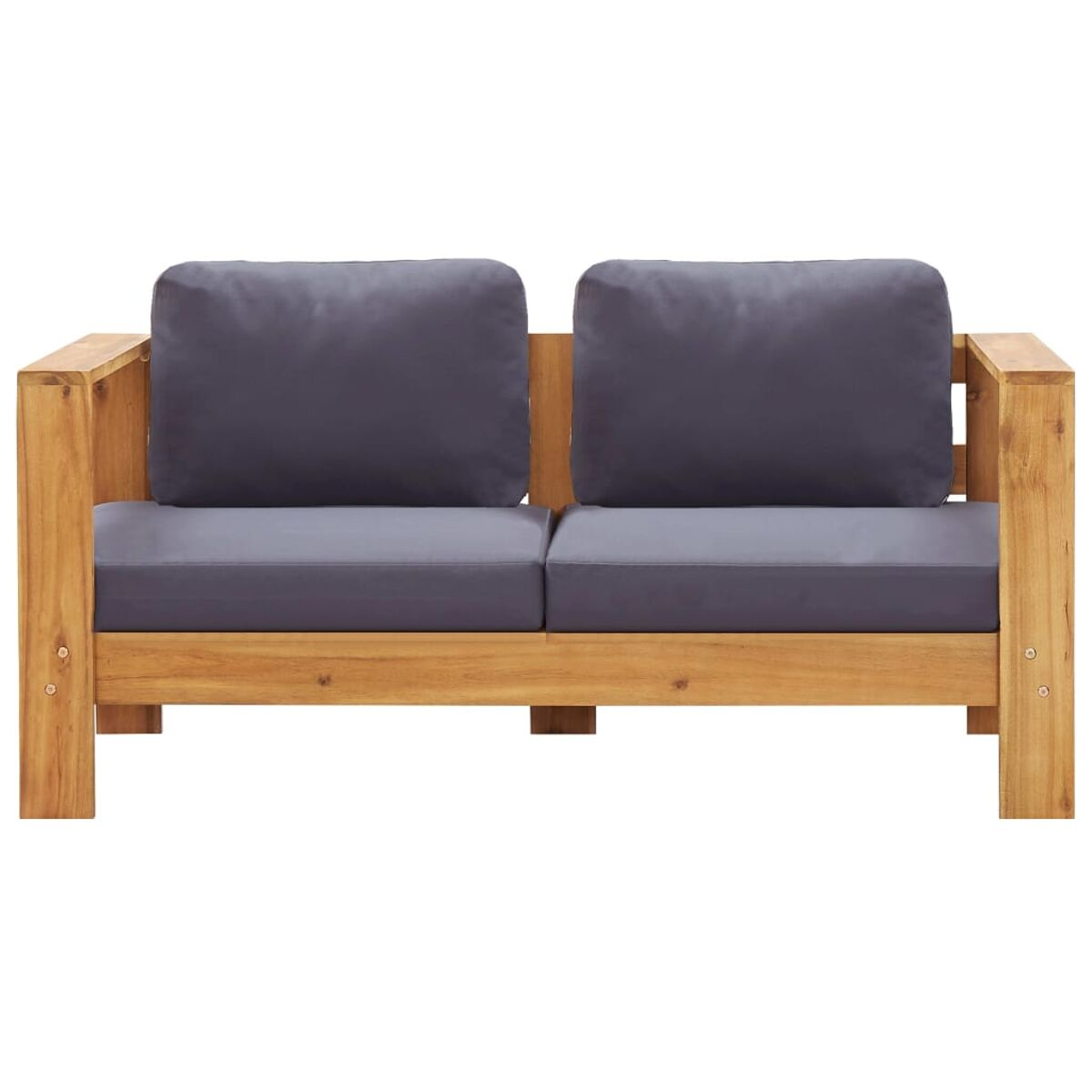 Zweisitzer-Sofa aus Holz. Graue Kissen und Sitzfläche. Holzrahmen und Armlehnen. Einfaches Design.