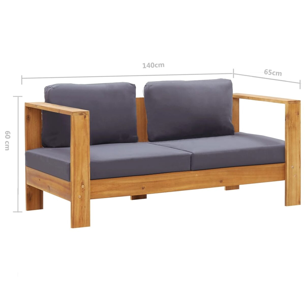 Zweisitzer-Sofa aus Holz mit grauen Kissen. Abmessungen werden gezeigt.