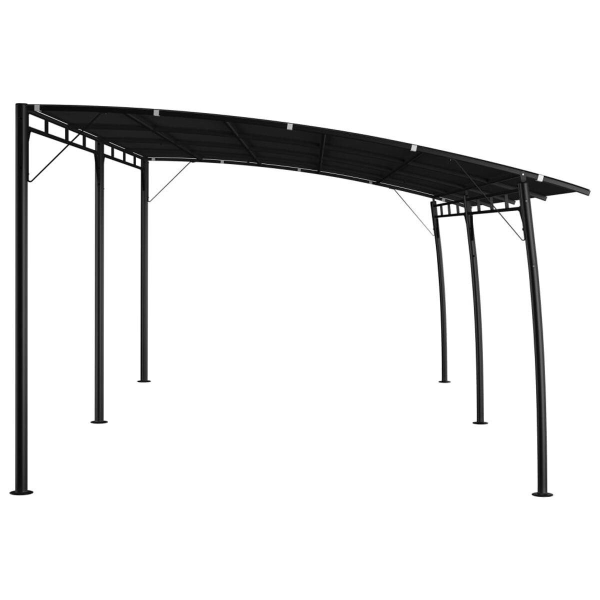 Schwarze Metallpergola mit geschwungenem Dach, isoliert auf Weiß.