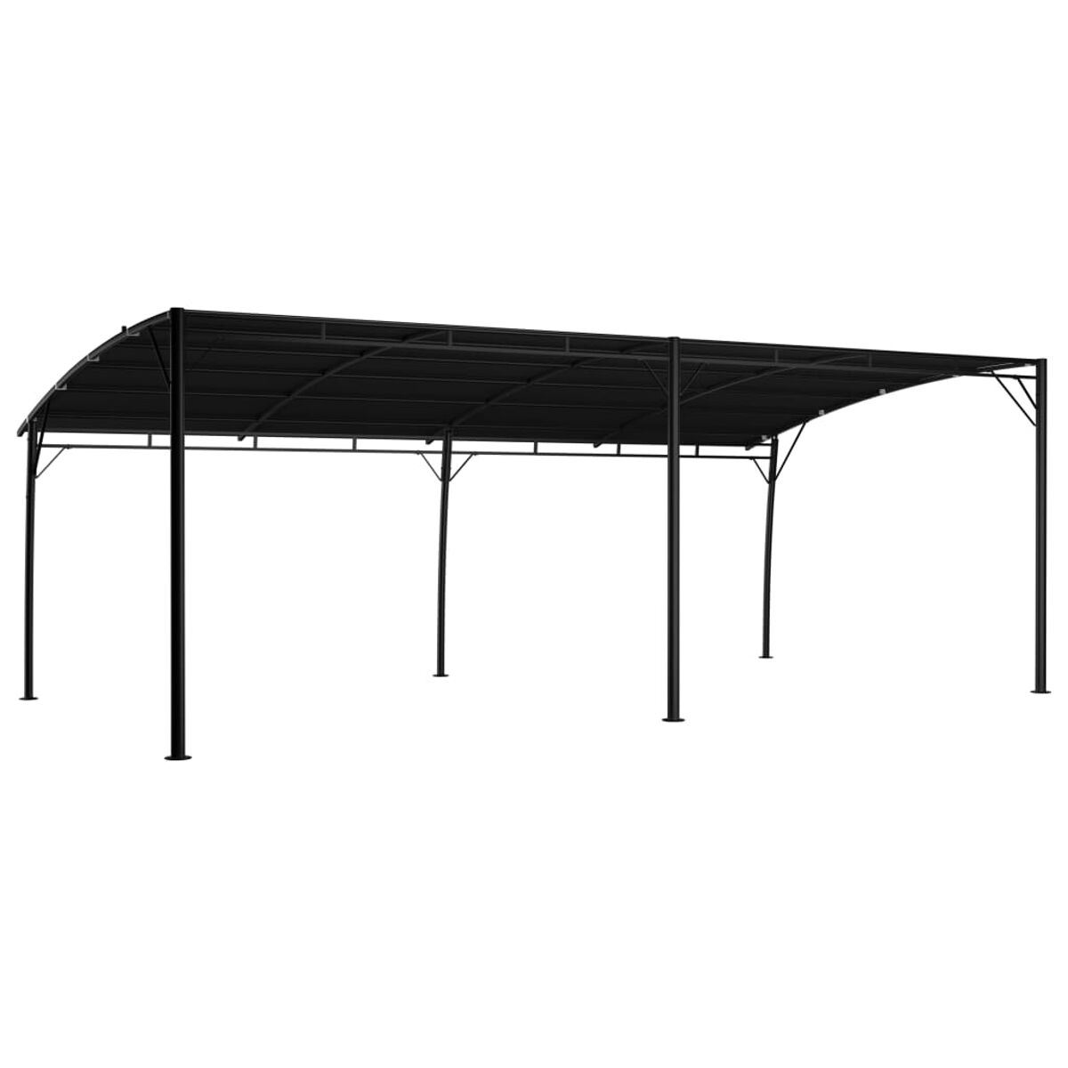 Schwarze Metallpergola mit schwarzem Dach. Es hat sechs Stützpfosten. Weißer Hintergrund.