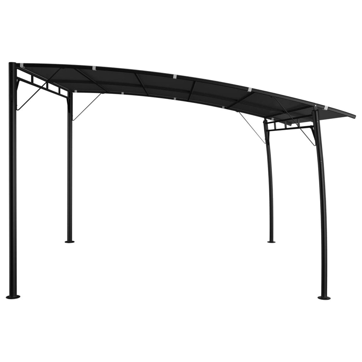 Schwarze Metallpergola mit schwarzem Baldachin. Sie hat vier Pfosten und ein geschwungenes Dach.