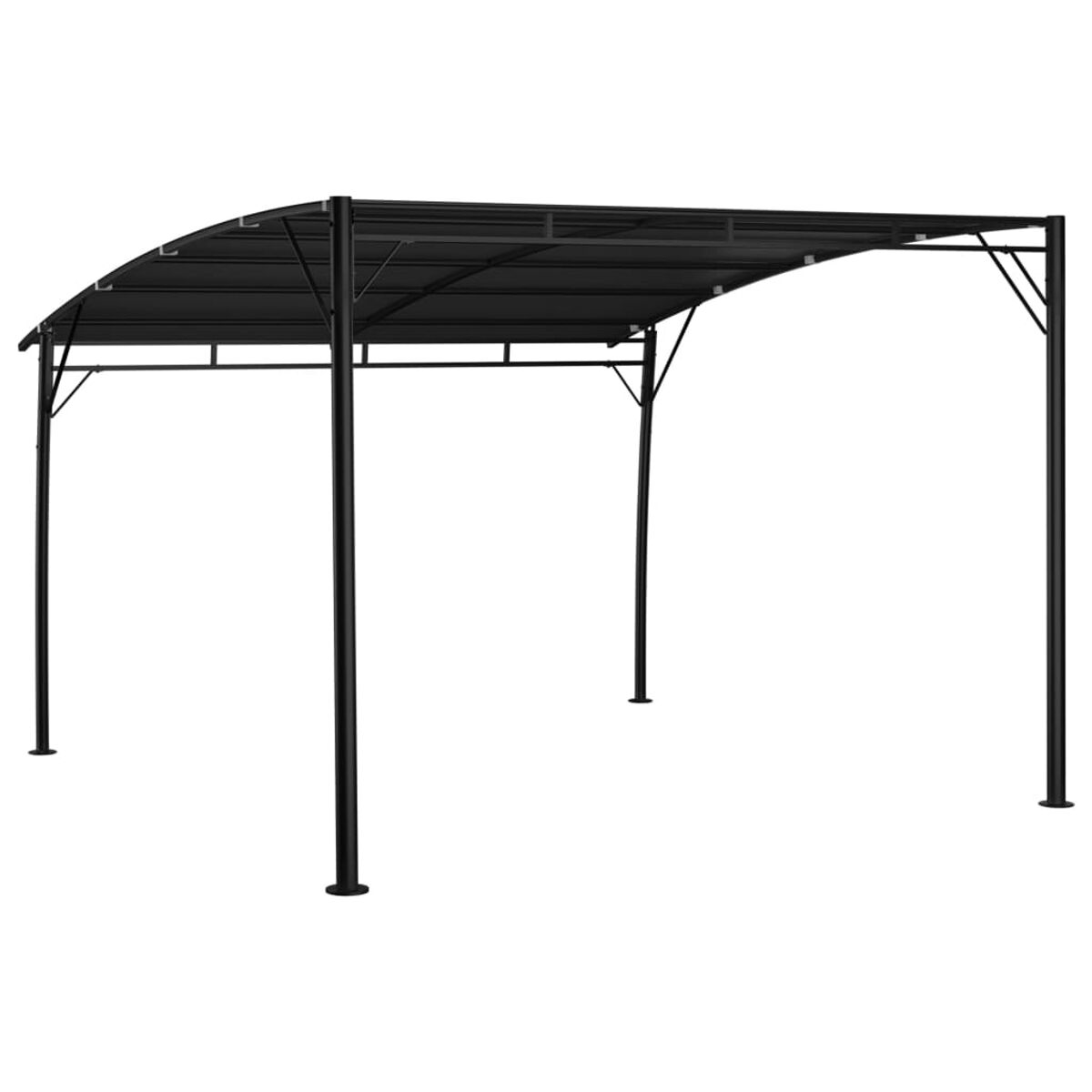 Schwarzer gewölbter Pavillon mit geschwungenem Dach, getragen von vier Beinen.
