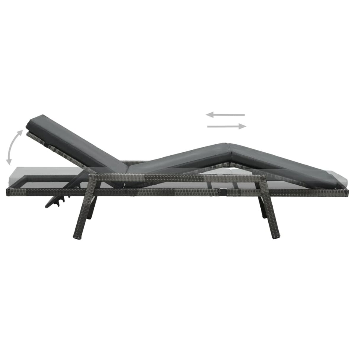 Grauer Outdoor-Liegestuhl, Liegeposition. Pfeile zeigen die Bewegung an. Weißer Hintergrund.