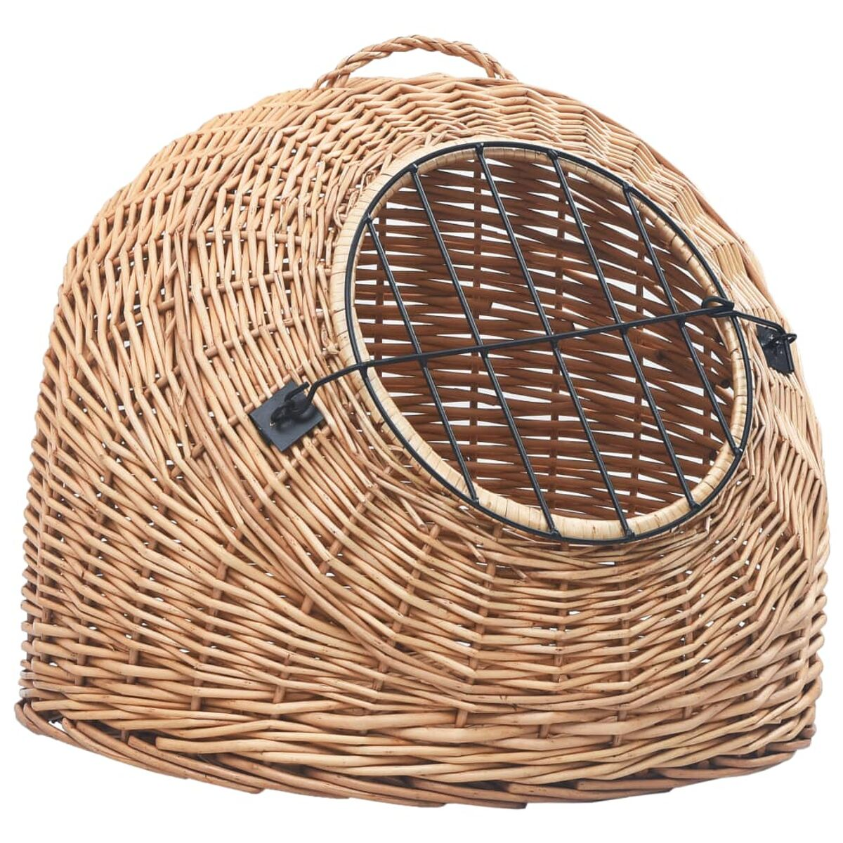Wicker-Haustierhaus mit rundem Drahtgitterfenster. Es hat einen Griff oben.