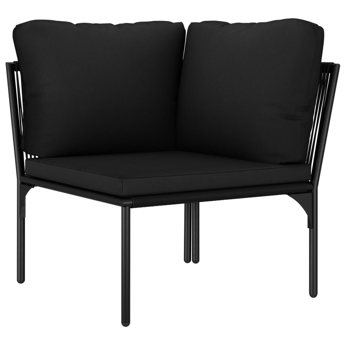 Schwarzes Ecksofa mit Kissen, Seildetail und Metallbeinen.