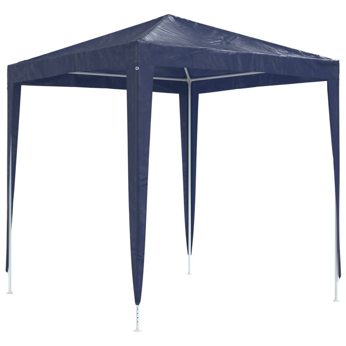 Ein dunkelblauer quadratischer Pavillon mit weißem Rahmen.