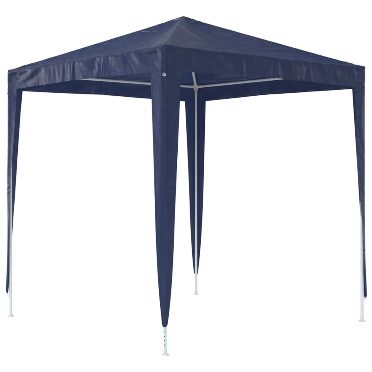 Dunkelblauer quadratischer Pavillon mit weißem Rahmen und Beinen, weißer Hintergrund.
