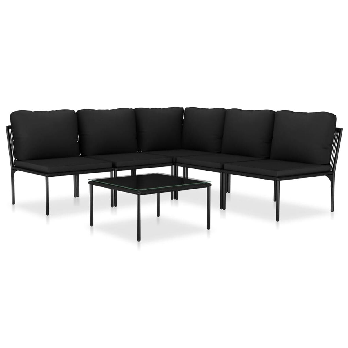 Schwarzes Ecksofa mit schwarzen Kissen und einem Glastisch auf weißem Grund.