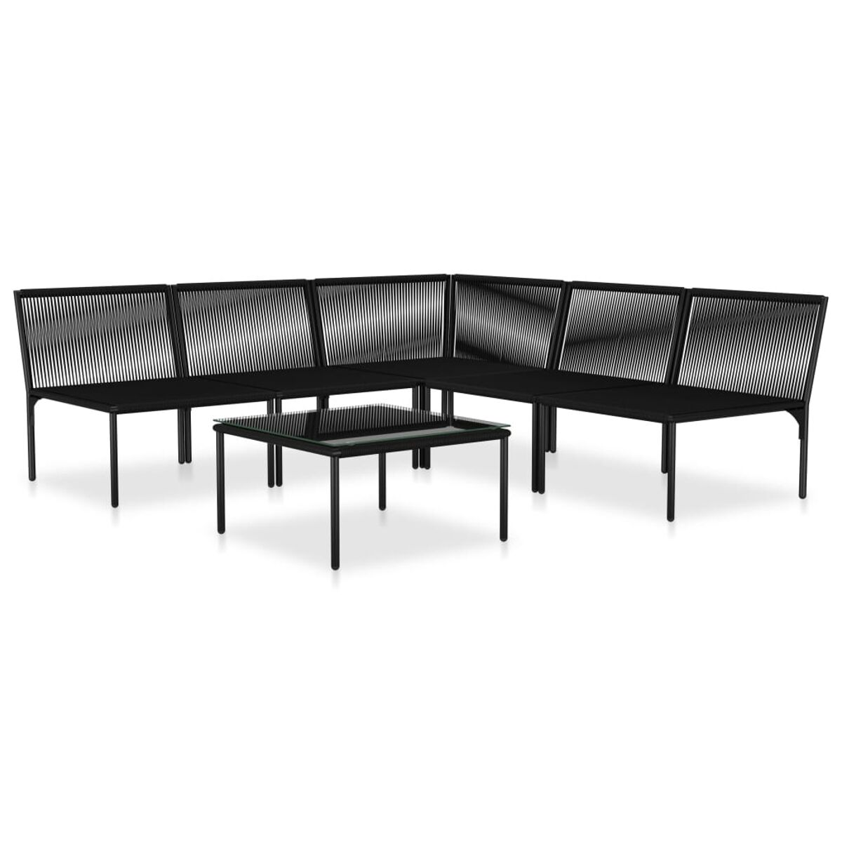 Ein schwarzes Gartenmöbel-Set mit einem Tisch. Aus seilähnlichem Material.
