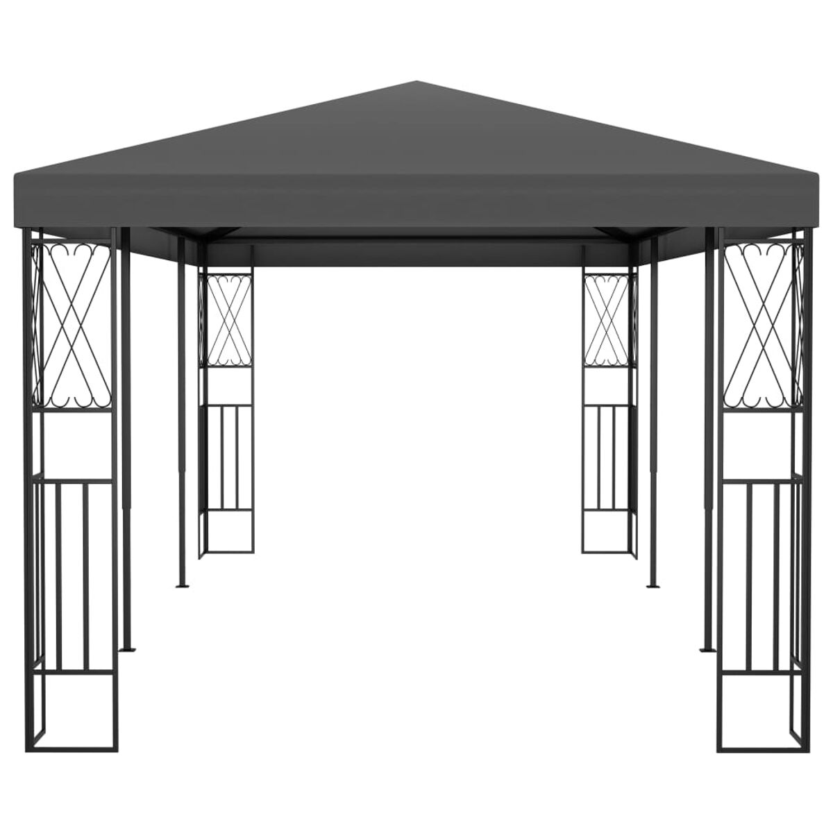 Schwarzer Pavillon mit dunkelgrauem Dach und dekorativen Metallstützen.