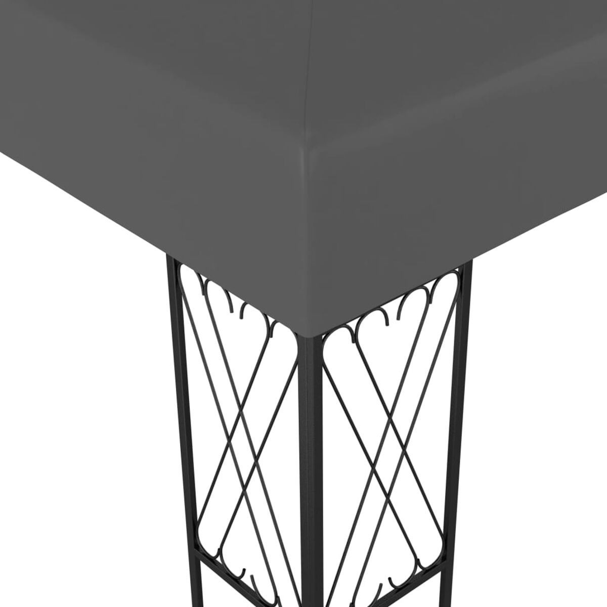 Nahaufnahme einer Pavillonecke. Es hat einen grauen Deckel und schwarze, dekorative Metallbeine.