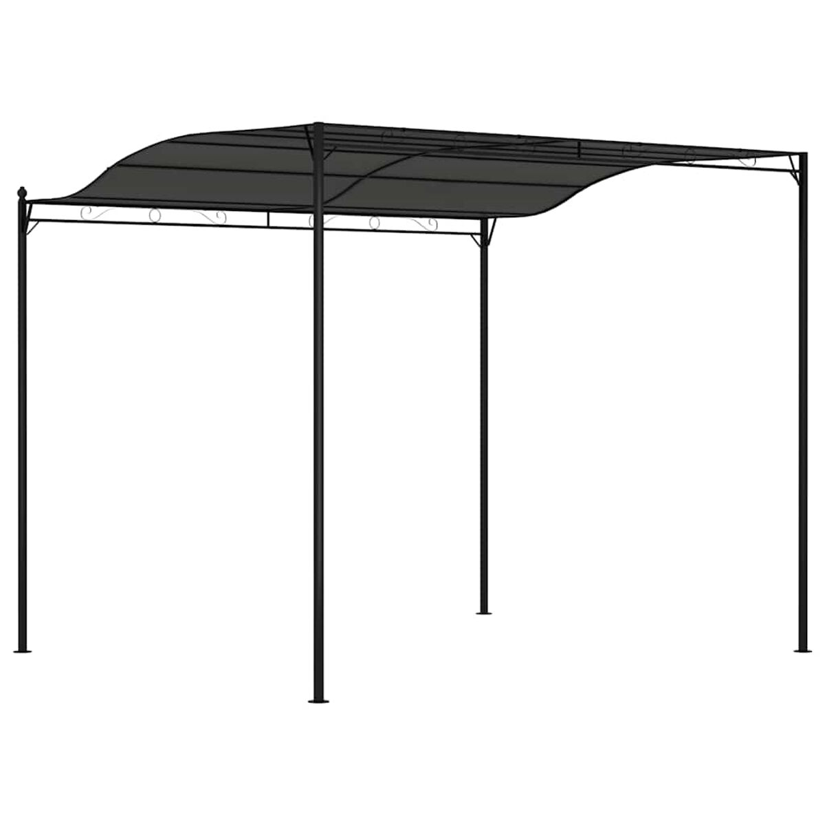 Schwarze Metallpergola. Dunkelgraues Vordach. Weißer Hintergrund.