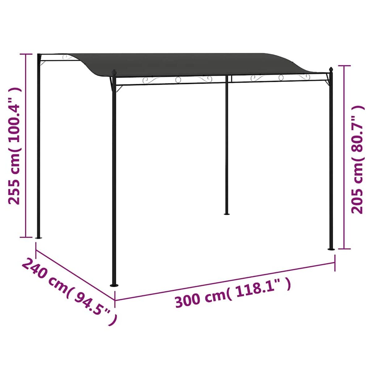 Eine schwarze Pergola mit Abmessungen auf weißem Hintergrund.