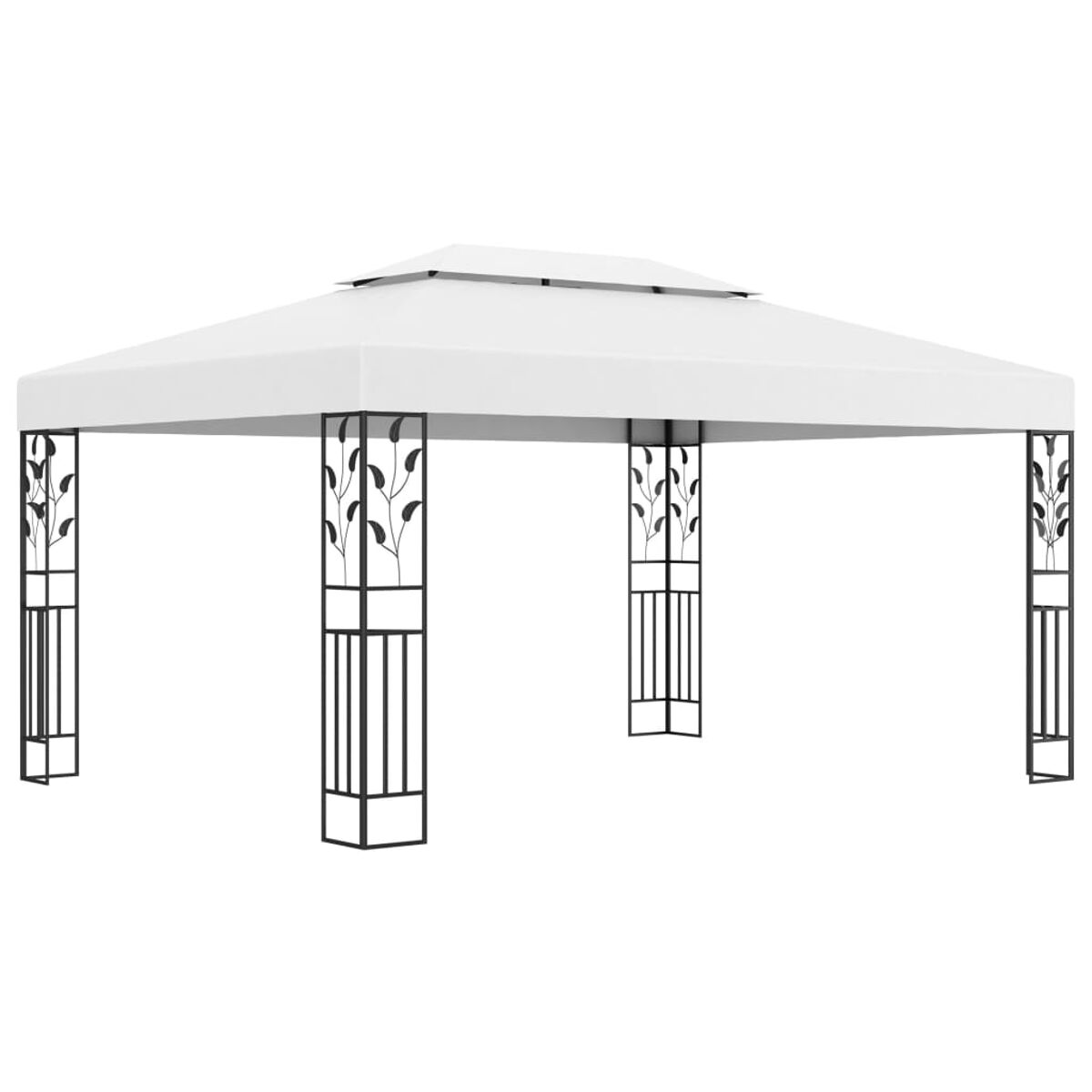 Weißer Pavillon mit schwarzen, dekorativen Metallstützen. Es hat ein zweistufiges Dach.