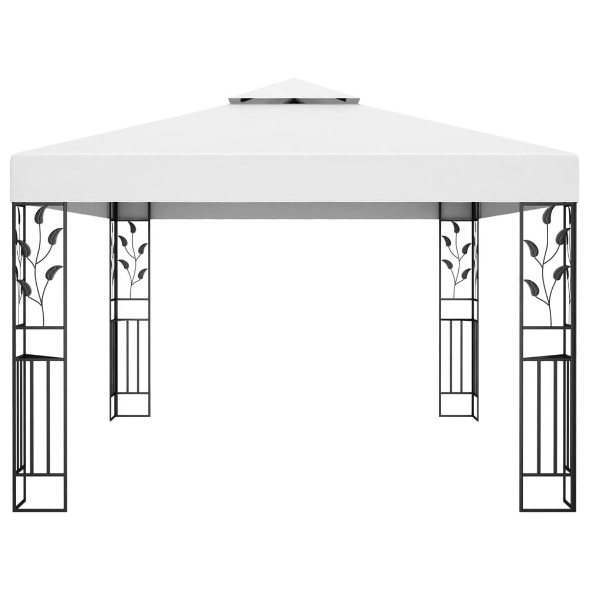 Weißer Pavillon mit schwarzen Pfosten und Blattdesign.