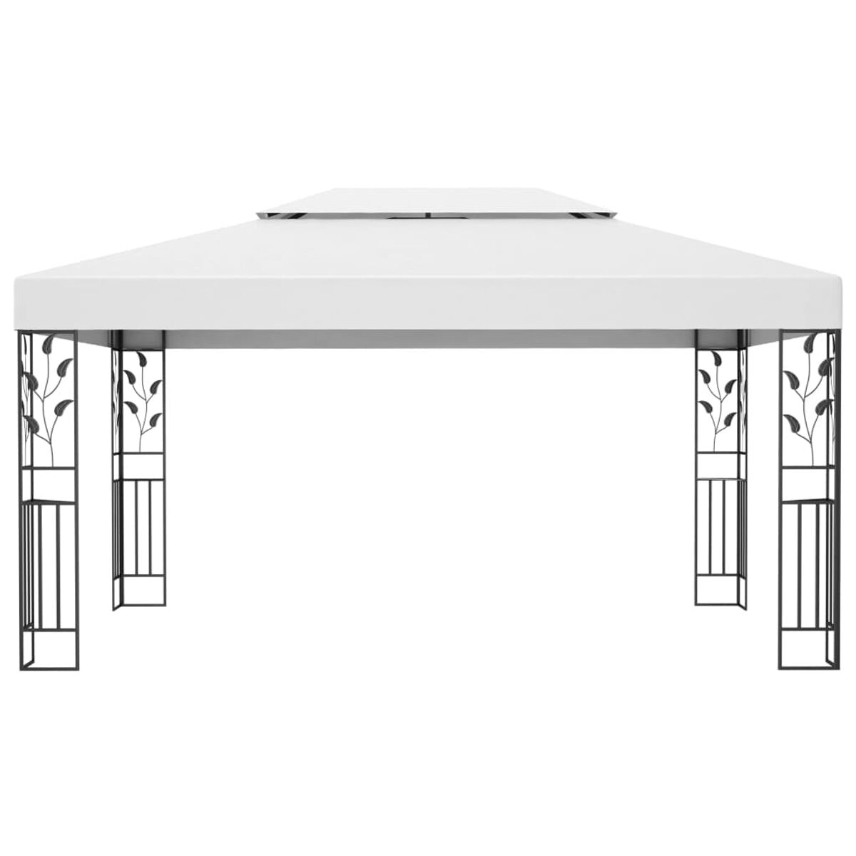 Weißes Vordach auf einem Pavillon mit schwarzem Metallrahmen und dekorativem Blattdesign.