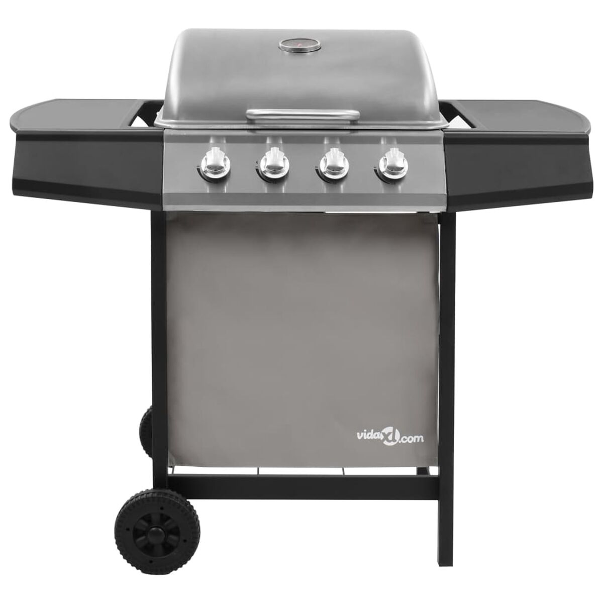 Ein Edelstahlgrill mit Deckel, Seitentischen und schwarzem Sockel. Er steht vor weißem Hintergrund.