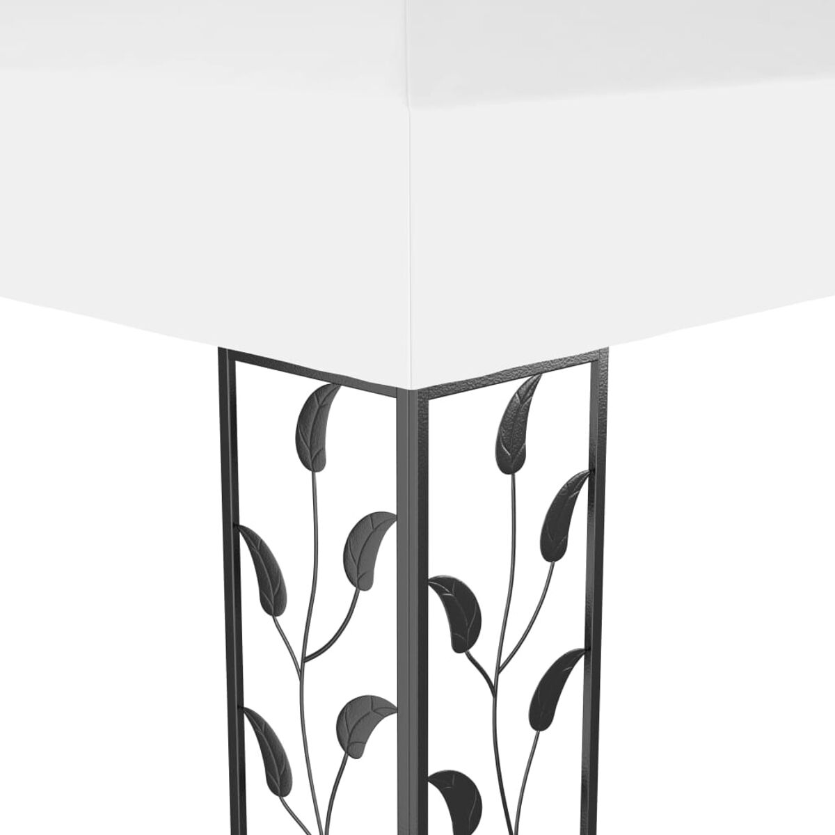 Eckansicht eines weißen Tisches mit schwarzen Metallbeinen im Blätterdesign, auf weißem Hintergrund.