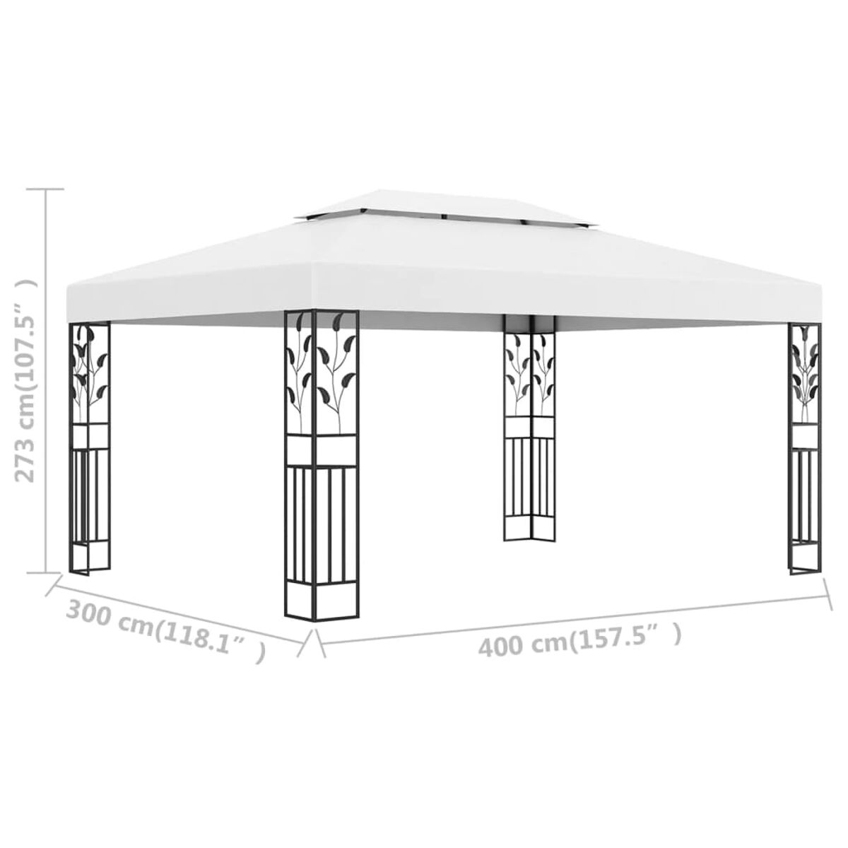 Weißer Pavillon mit rechteckigem Dach, getragen von vier schwarzen Säulen mit blattförmigen Dekorationen.