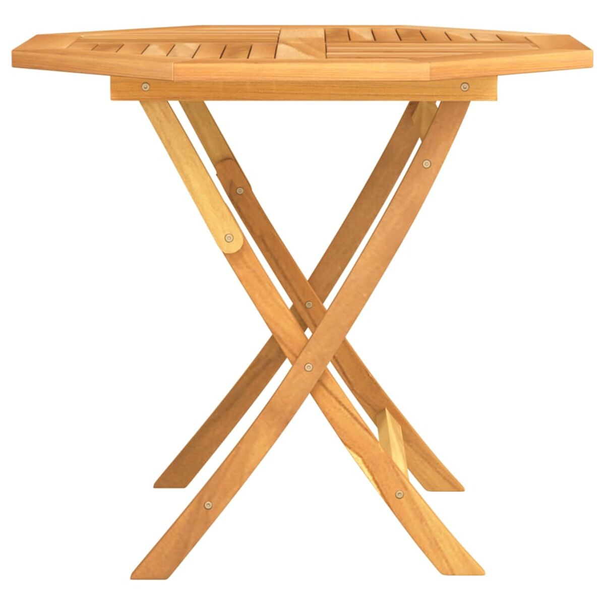 Ein hellbrauner Holzklapptisch mit achteckiger Platte und X-förmigem Gestell.