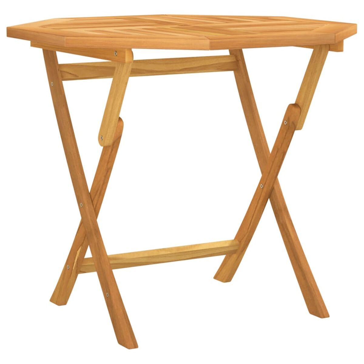 Klapptisch aus Holz in sechseckiger Form mit gekreuztem Bein-Design. Es ist braun.