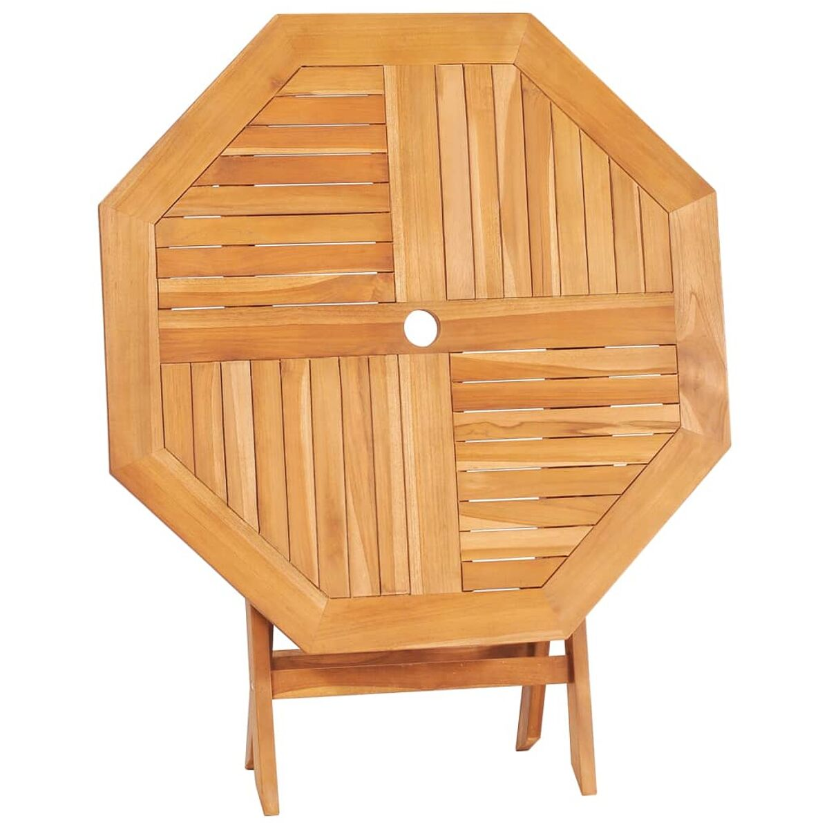 Achterkant eines achteckigen Holztisches mit Loch. Holz.