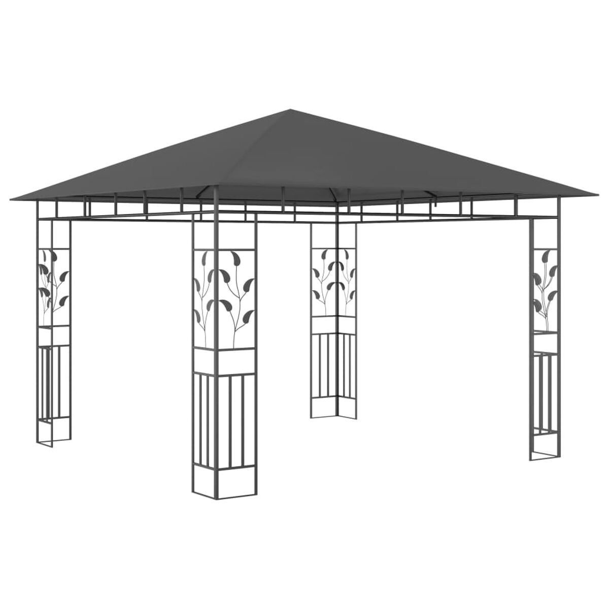 Schwarzer Metallpavillon mit dekorativen Blattausschnitten an den Säulen. Graues Stoffdach.