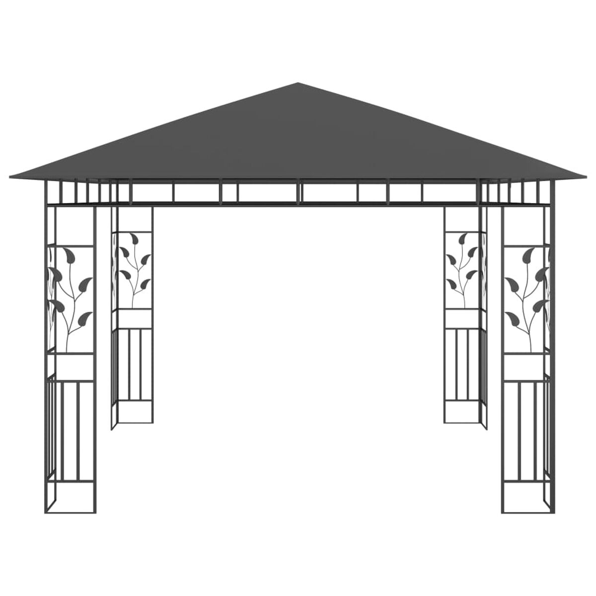 Schwarzer Metallpavillon mit Blattdetails. Er hat ein dunkles Dach und offene Seiten.
