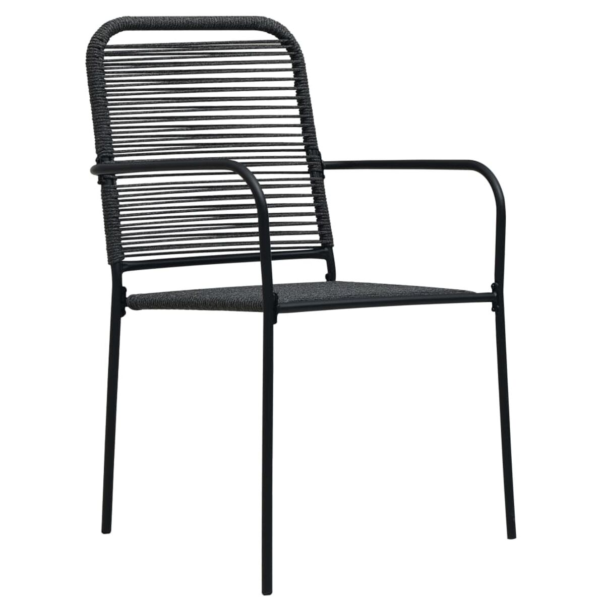 Schwarzer Metallstuhl mit horizontalen schwarzen Kordeln für Rückenlehne und Sitzfläche.