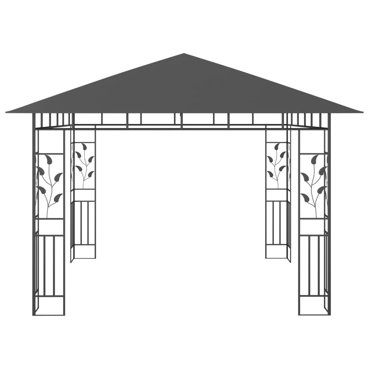 Ein schwarzer Metallpavillon mit dekorativen Blättermustern. Verfügt über ein dunkles Dach.