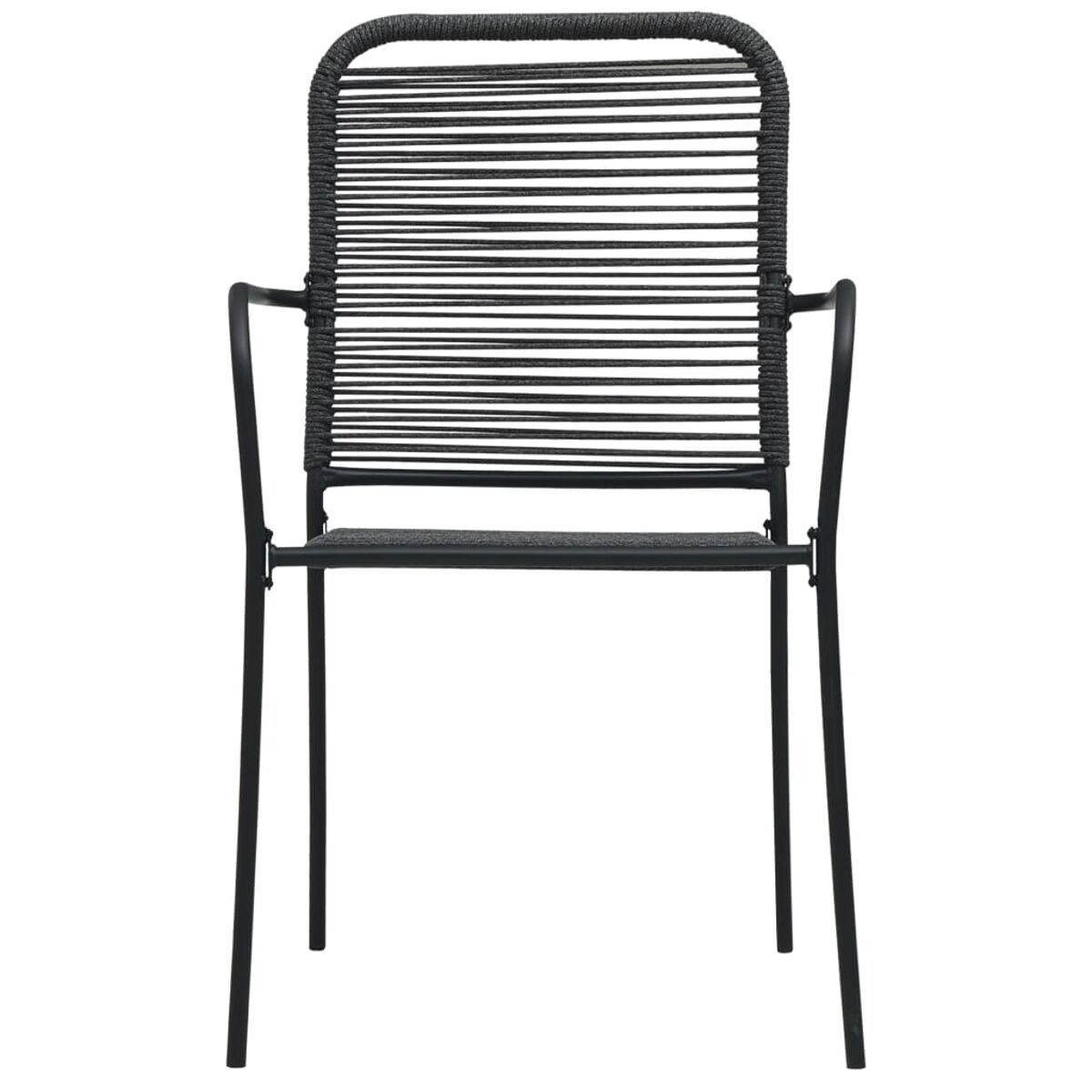 Ein schwarzer Metallstuhl mit schwarzem Seilgeflecht an Rücken und Sitz. Schlichtes, modernes Design.