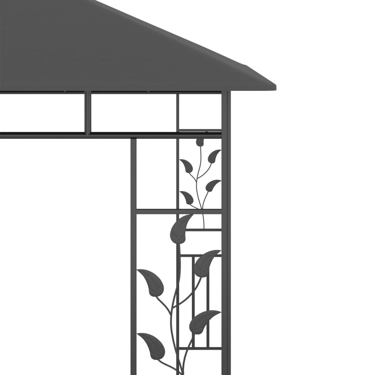 Dunkelgraue Pavillon-Ecke mit Blattmuster, weißer Hintergrund.