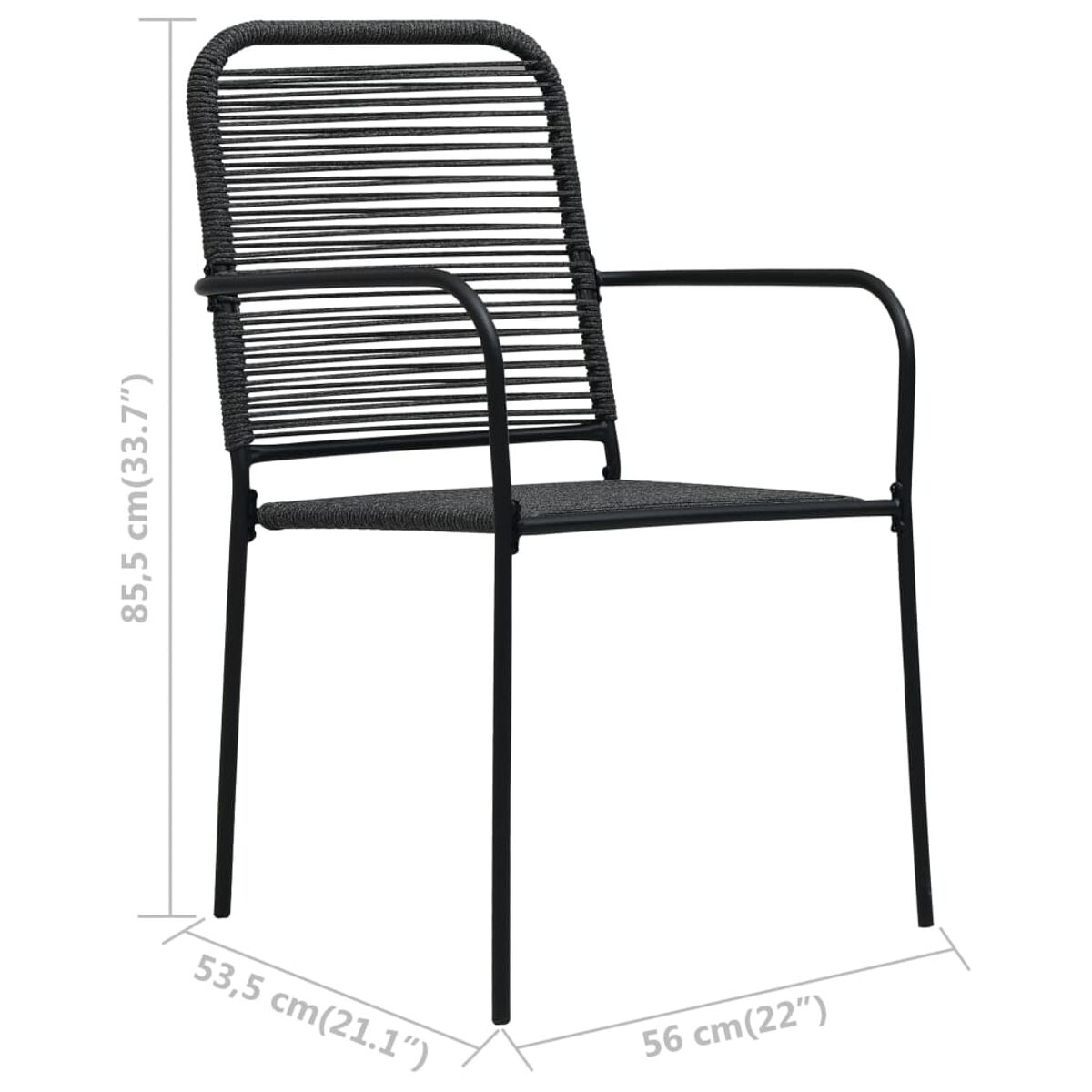 Schwarzer Metall-Außenstuhl mit Seil Sitz und Rückenlehne, dunkles Gestell.