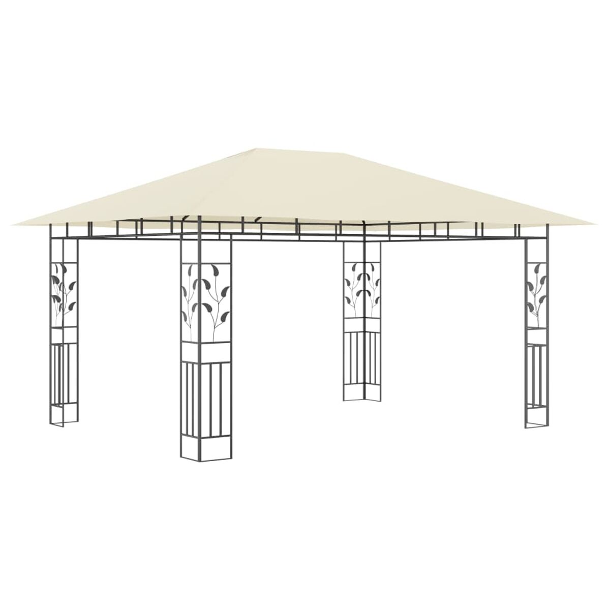 Beiger Pavillon mit quadratischem Dach, getragen von vier schwarzen Säulen mit blattförmigen Dekorationen.
