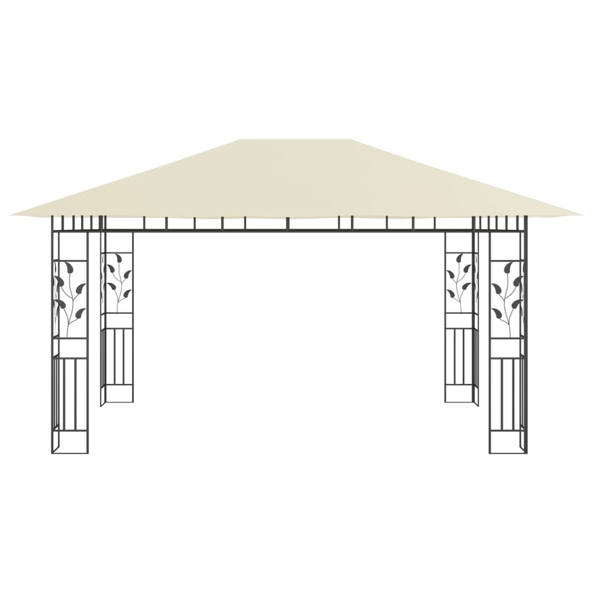 Beiger Pavillon mit dekorativen schwarzen Metallstützen, weißer Hintergrund.