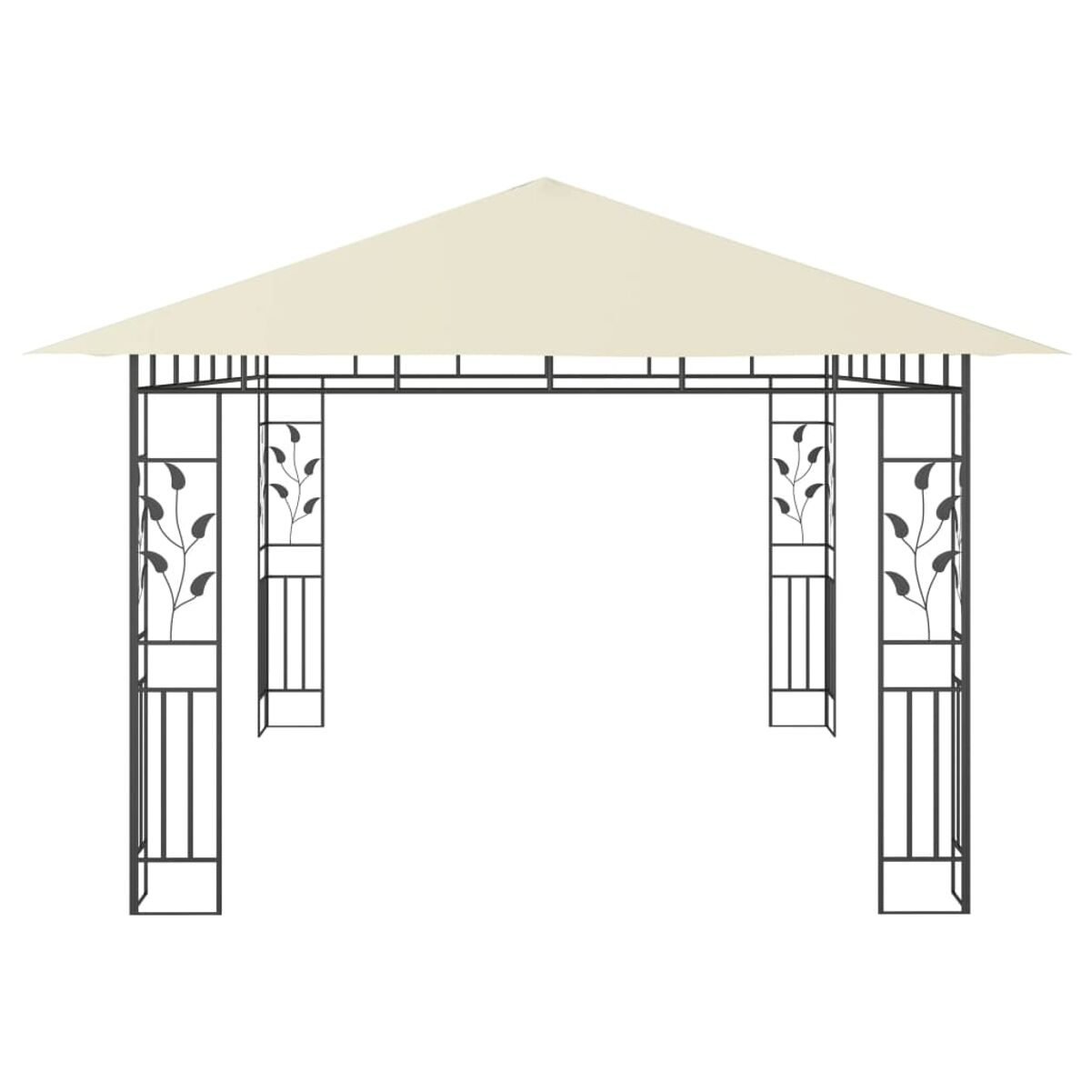 Beiger Pavillon mit schwarzem Metallrahmen und dekorativen Blattakzenten.
