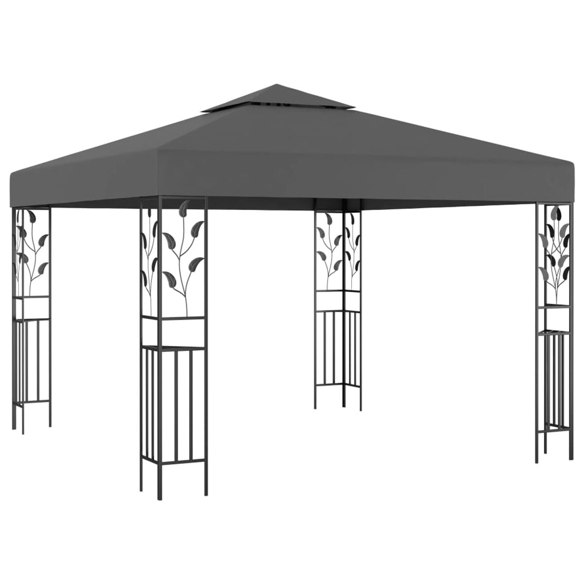Ein grauer Pavillon mit quadratischem Dach, getragen von vier schwarzen Säulen mit Blattmuster.