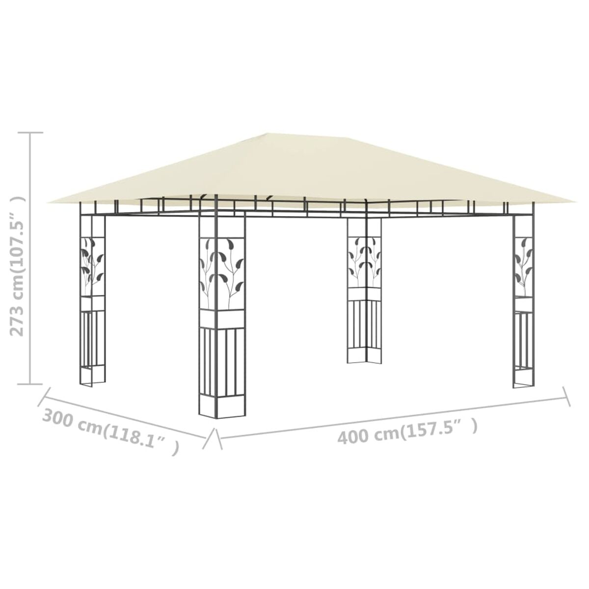 Beiger Pavillon mit schwarzem Metallrahmen. Abmessungen sind auf dem Bild angegeben.